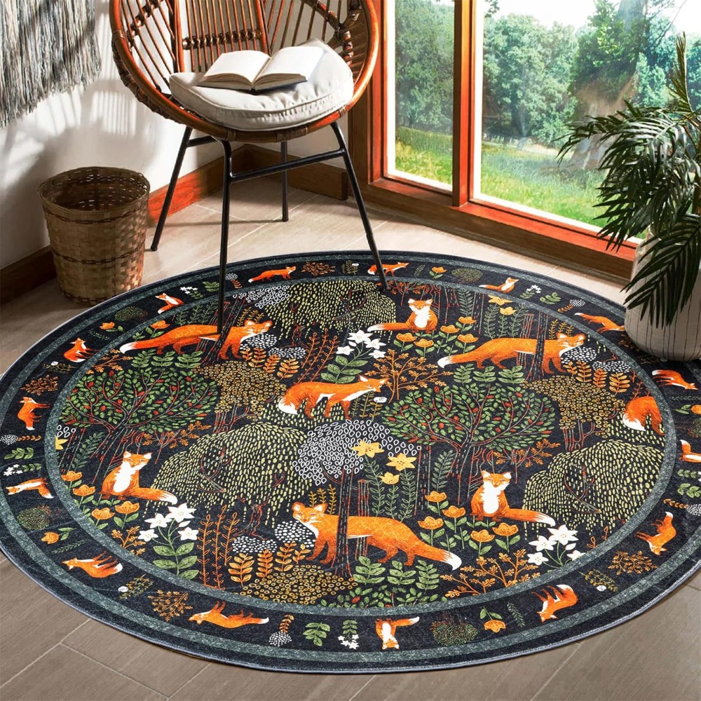 Home Textiles Plaid - Round Fox Forest Carpet with Orange